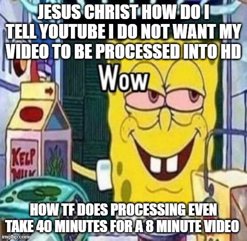 Wow bob | JESUS CHRIST HOW DO I TELL YOUTUBE I DO NOT WANT MY VIDEO TO BE PROCESSED INTO HD; HOW TF DOES PROCESSING EVEN TAKE 40 MINUTES FOR A 8 MINUTE VIDEO | image tagged in wow bob | made w/ Imgflip meme maker