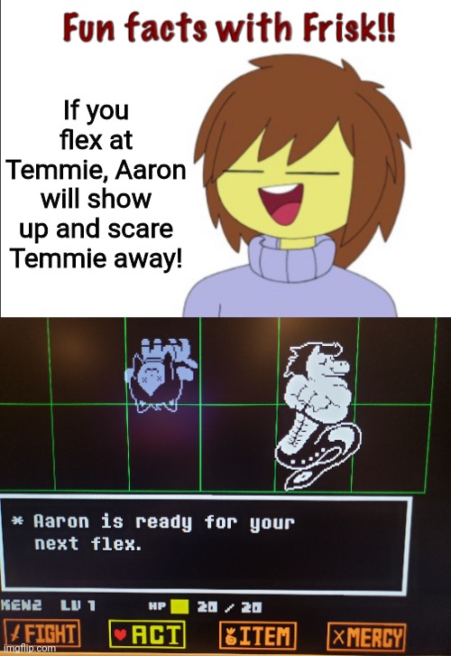 Fun Facts with AnnabethChase101 through Frisk #3 | If you flex at Temmie, Aaron will show up and scare Temmie away! | image tagged in fun facts with frisk,undertale,fun fact | made w/ Imgflip meme maker