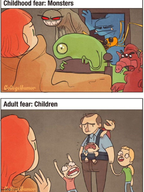adult vs childhood fears (part 4) | image tagged in adult,child,fear | made w/ Imgflip meme maker