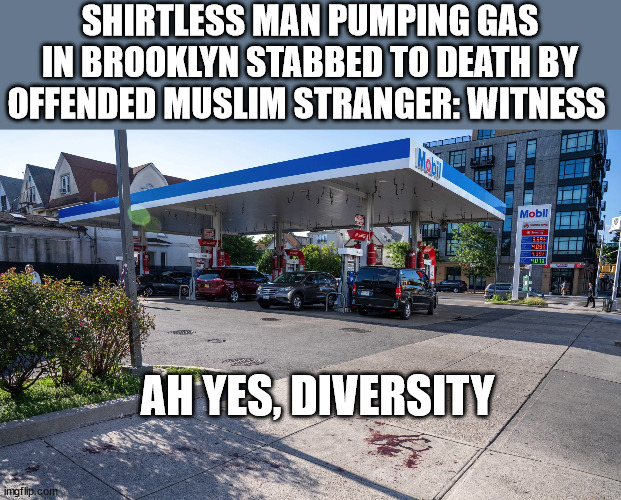SHIRTLESS MAN PUMPING GAS IN BROOKLYN STABBED TO DEATH BY OFFENDED MUSLIM STRANGER: WITNESS; AH YES, DIVERSITY | image tagged in diversity,liberal logic | made w/ Imgflip meme maker