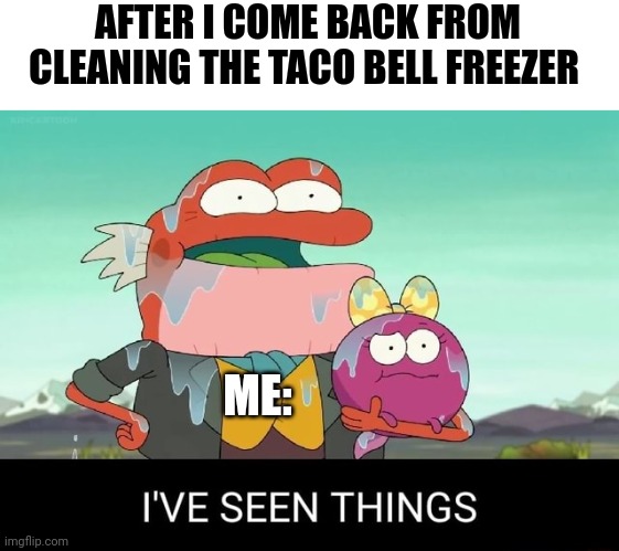 I cleaned the taco bell freezer | AFTER I COME BACK FROM CLEANING THE TACO BELL FREEZER; ME: | image tagged in i've seen things | made w/ Imgflip meme maker