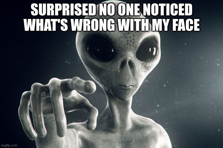 Alien Pointing | SURPRISED NO ONE NOTICED WHAT'S WRONG WITH MY FACE | image tagged in alien pointing | made w/ Imgflip meme maker