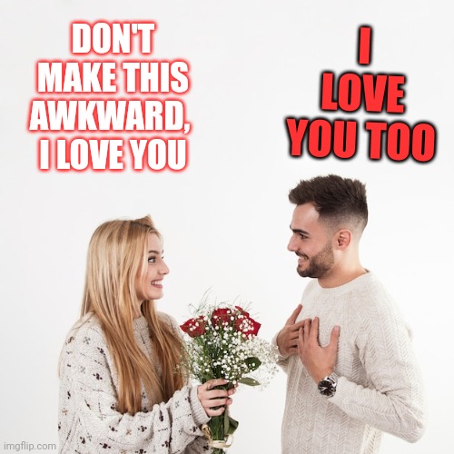 Girl has a crush | I LOVE YOU TOO; DON'T MAKE THIS AWKWARD, 
I LOVE YOU | image tagged in don't make it awkward,flowers,crush | made w/ Imgflip meme maker