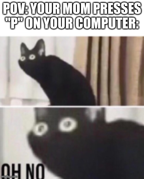 Oh no cat | POV: YOUR MOM PRESSES "P" ON YOUR COMPUTER: | image tagged in oh no cat | made w/ Imgflip meme maker
