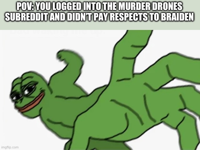 pepe punch | POV: YOU LOGGED INTO THE MURDER DRONES SUBREDDIT AND DIDN’T PAY RESPECTS TO BRAIDEN | image tagged in pepe punch,memes,funny,murder drones | made w/ Imgflip meme maker