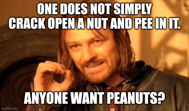 One does not simply uh... Wtf is this | ONE DOES NOT SIMPLY CRACK OPEN A NUT AND PEE IN IT. ANYONE WANT PEANUTS? | image tagged in memes,one does not simply | made w/ Imgflip meme maker