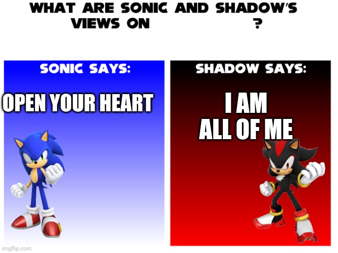 Either one is fine | I AM ALL OF ME; OPEN YOUR HEART | image tagged in what are sonic and shadows views on | made w/ Imgflip meme maker