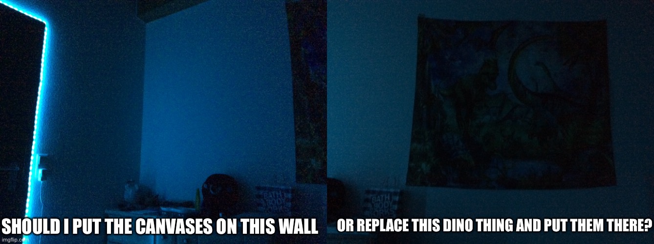 Sorry its kinda dark | OR REPLACE THIS DINO THING AND PUT THEM THERE? SHOULD I PUT THE CANVASES ON THIS WALL | made w/ Imgflip meme maker