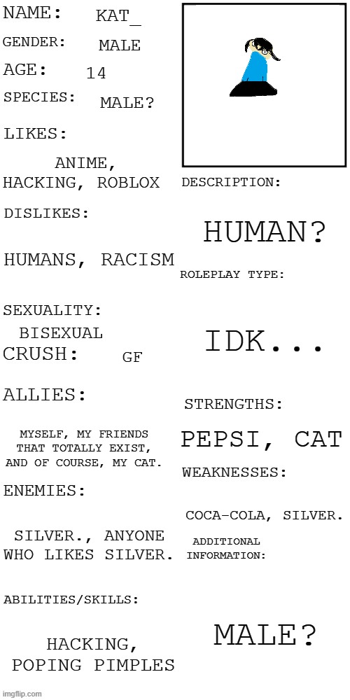 Image Title | KAT_; MALE; 14; MALE? ANIME, HACKING, ROBLOX; HUMAN? HUMANS, RACISM; IDK... BISEXUAL; GF; PEPSI, CAT; MYSELF, MY FRIENDS THAT TOTALLY EXIST, AND OF COURSE, MY CAT. COCA-COLA, SILVER. SILVER., ANYONE WHO LIKES SILVER. MALE? HACKING, POPING PIMPLES | image tagged in updated roleplay oc showcase,satire | made w/ Imgflip meme maker