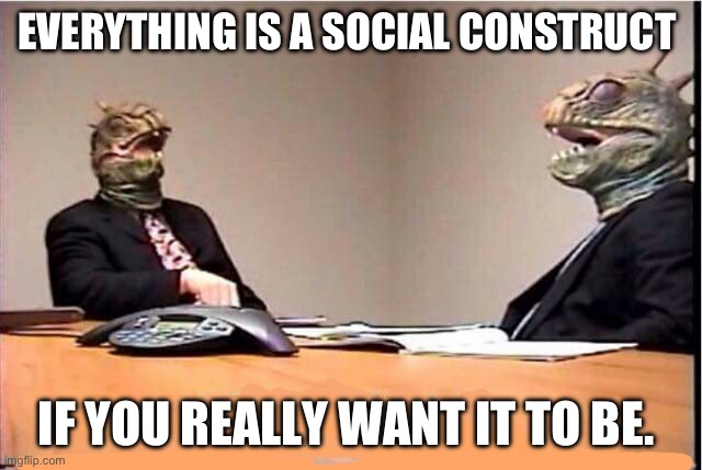 Lizards reptilians overlords | EVERYTHING IS A SOCIAL CONSTRUCT; IF YOU REALLY WANT IT TO BE. | image tagged in lizards reptilians overlords | made w/ Imgflip meme maker