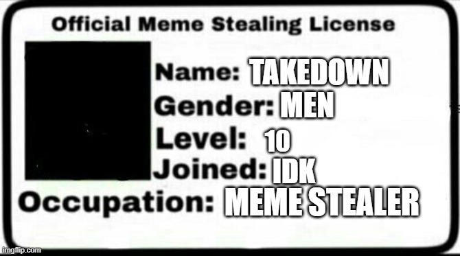 Meme Stealing License | TAKEDOWN; MEN; 10; IDK; MEME STEALER | image tagged in meme stealing license | made w/ Imgflip meme maker