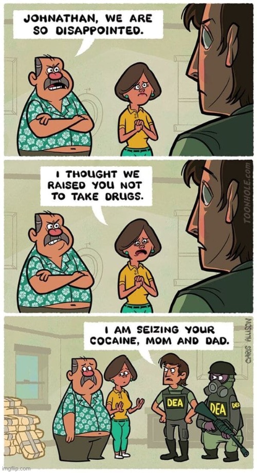Disappointed in son | image tagged in disappointed,raised you,not to take drugs,seizing your drugs,dea,comics | made w/ Imgflip meme maker