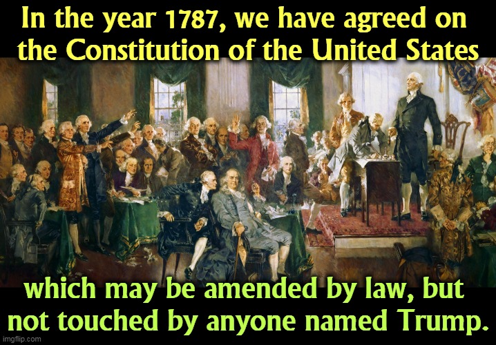Trump has never read it and has no idea what's in it. | In the year 1787, we have agreed on 
the Constitution of the United States; which may be amended by law, but 
not touched by anyone named Trump. | image tagged in constitutional convention - george washington_founding fathers,constitution,governement,democracy,trump | made w/ Imgflip meme maker