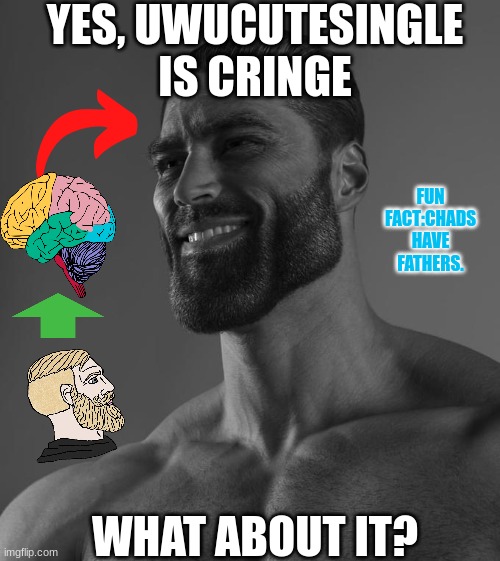 Chads are NOT cringe. (Sorry if this offends you, Even if you do not have a father you are a chad :D) | YES, UWUCUTESINGLE IS CRINGE; FUN FACT:CHADS HAVE FATHERS. WHAT ABOUT IT? | image tagged in sigma male,giga chad | made w/ Imgflip meme maker