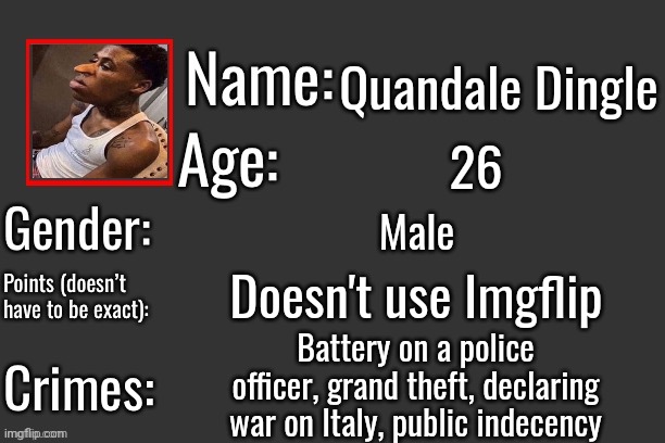 Quandale Dingle criminal record | Quandale Dingle; 26; Male; Doesn't use Imgflip; Battery on a police officer, grand theft, declaring war on Italy, public indecency | image tagged in memes,quandale dingle | made w/ Imgflip meme maker