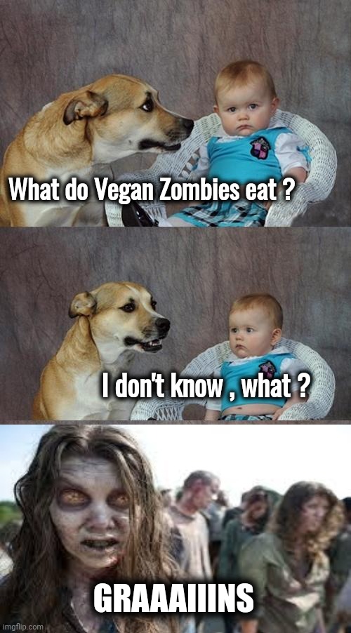 My Zombie Apocalypse Team | What do Vegan Zombies eat ? I don't know , what ? GRAAAIIINS | image tagged in memes,dad joke dog,brains,well yes but actually no,vegan,slop | made w/ Imgflip meme maker