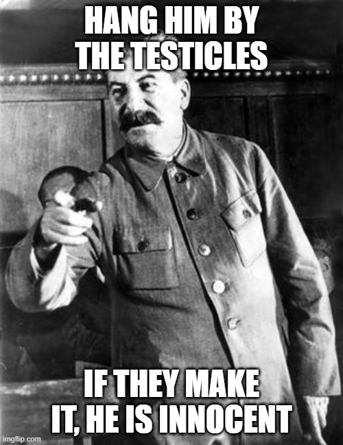 real Stalin quote | HANG HIM BY THE TESTICLES; IF THEY MAKE IT, HE IS INNOCENT | image tagged in stalin firing squad | made w/ Imgflip meme maker