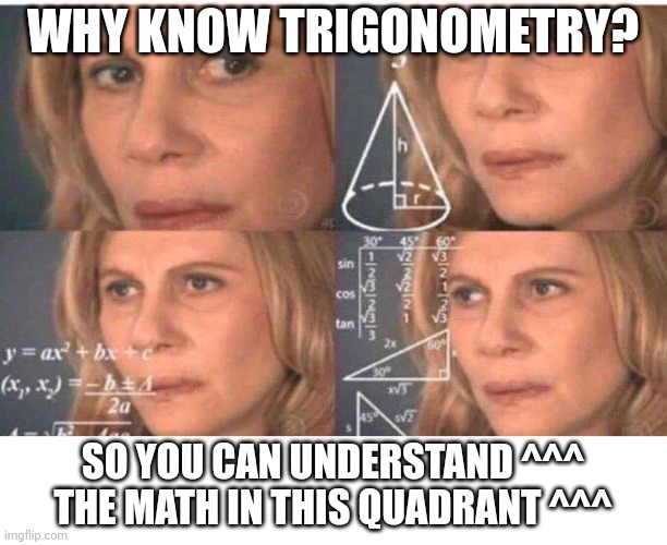Math lady/Confused lady | WHY KNOW TRIGONOMETRY? SO YOU CAN UNDERSTAND ^^^ THE MATH IN THIS QUADRANT ^^^ | image tagged in math lady/confused lady | made w/ Imgflip meme maker