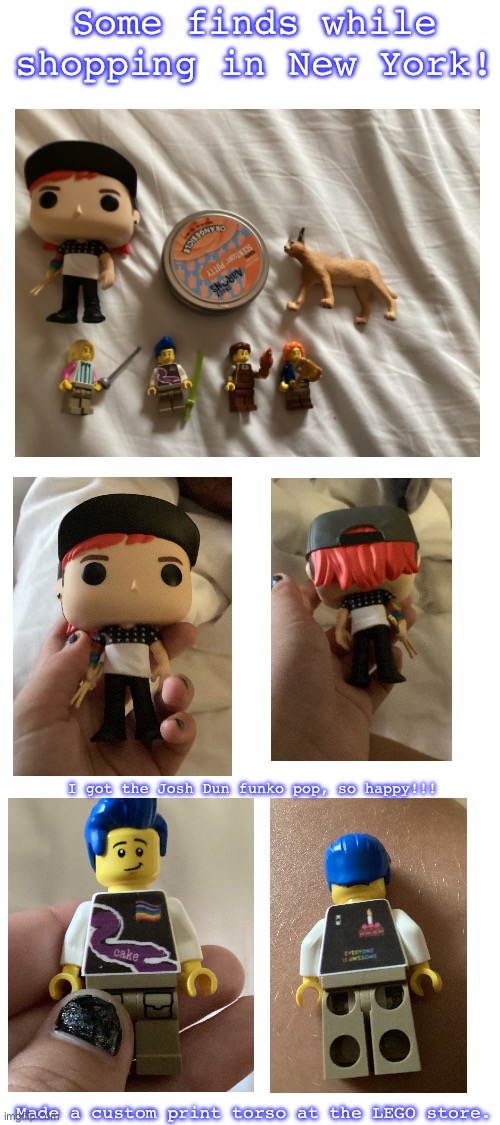 JOSH!!! | Some finds while shopping in New York! I got the Josh Dun funko pop, so happy!!! Made a custom print torso at the LEGO store. | image tagged in new york city,twenty one pilots,lego | made w/ Imgflip meme maker