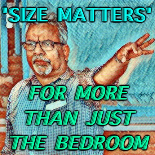 'Size Matters' | 'SIZE MATTERS'; FOR MORE THAN JUST THE BEDROOM | image tagged in indian guy | made w/ Imgflip meme maker