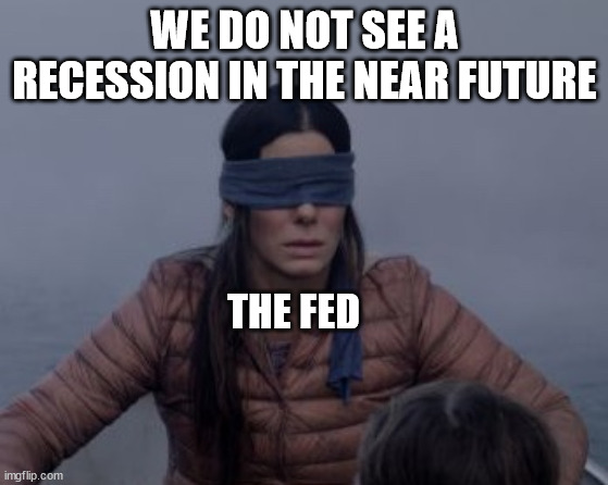 I'd want to be blindfolded, too, if I knew what they know | WE DO NOT SEE A RECESSION IN THE NEAR FUTURE; THE FED | image tagged in bird box blindfolded,federal reserve,blinded by the light | made w/ Imgflip meme maker