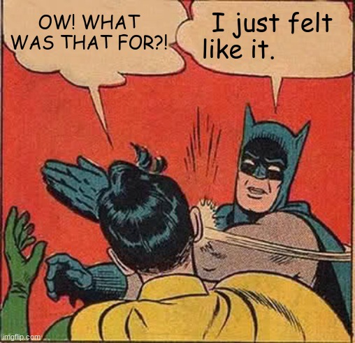 Batman Slapping Robin | OW! WHAT WAS THAT FOR?! I just felt like it. | image tagged in memes,batman slapping robin | made w/ Imgflip meme maker