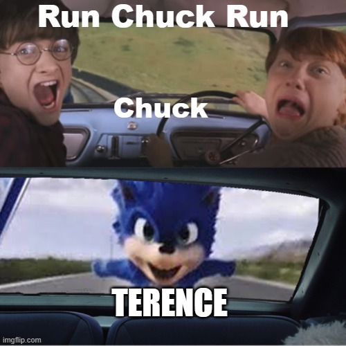 Sonic Chasing Harry and Ron | Run Chuck Run; Chuck; TERENCE | image tagged in sonic chasing harry and ron | made w/ Imgflip meme maker