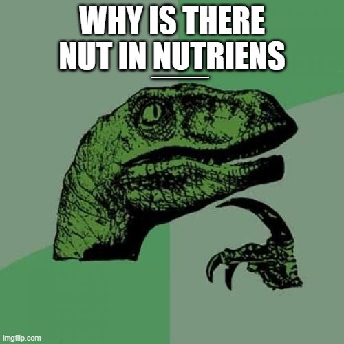 Philosoraptor Meme | WHY IS THERE NUT IN NUTRIENS; ___ | image tagged in memes,philosoraptor | made w/ Imgflip meme maker