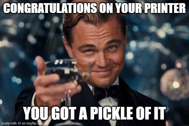 i like this ai meme cause it makes no sense | CONGRATULATIONS ON YOUR PRINTER; YOU GOT A PICKLE OF IT | image tagged in memes,leonardo dicaprio cheers | made w/ Imgflip meme maker