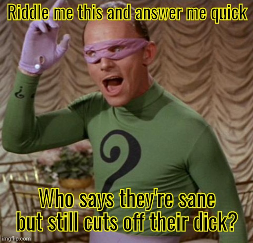 Riddle time. | Riddle me this and answer me quick; Who says they're sane but still cuts off their dick? | image tagged in riddler | made w/ Imgflip meme maker