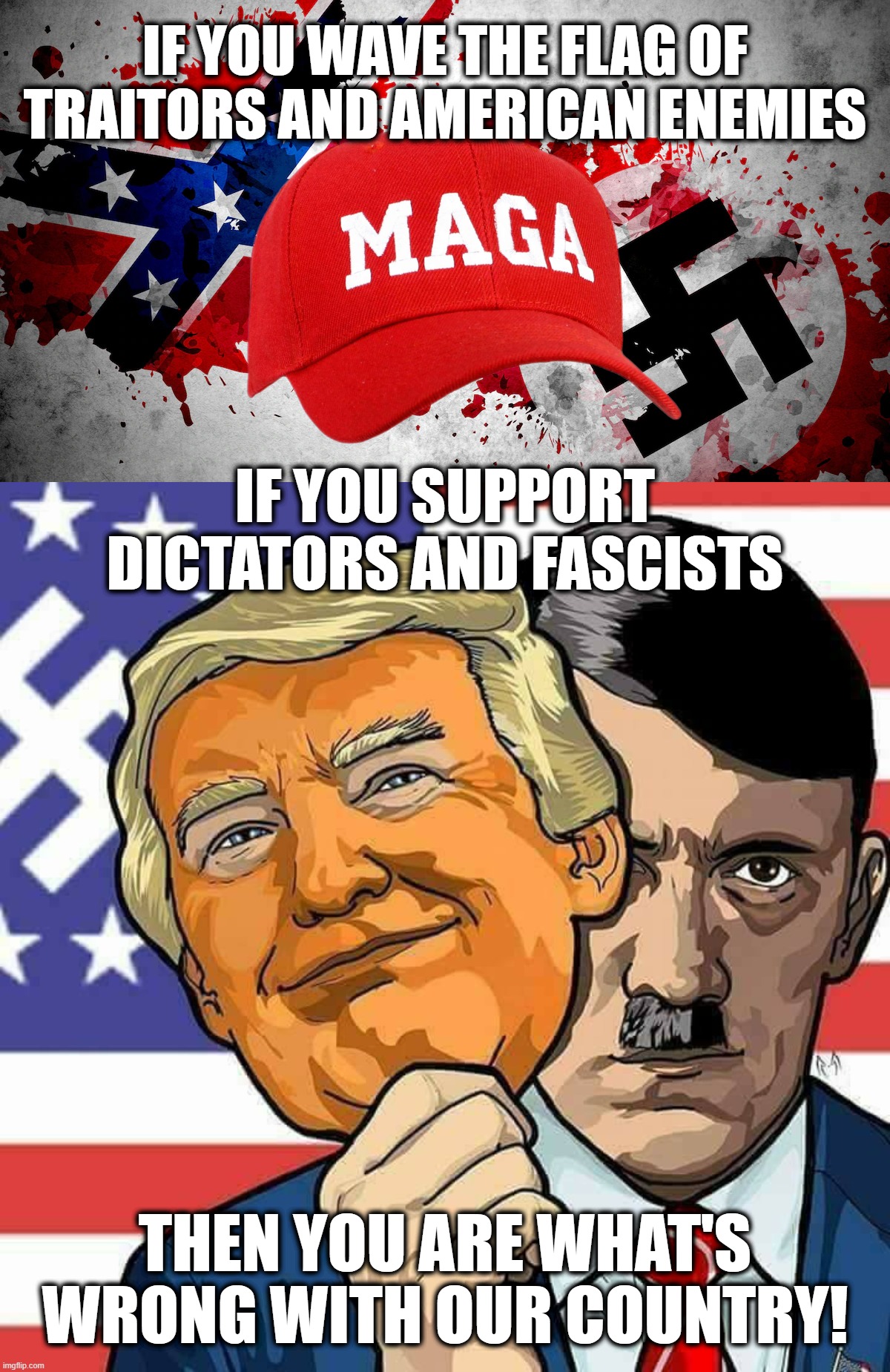 theirs the problem right there... | IF YOU WAVE THE FLAG OF
TRAITORS AND AMERICAN ENEMIES; IF YOU SUPPORT DICTATORS AND FASCISTS; THEN YOU ARE WHAT'S WRONG WITH OUR COUNTRY! | image tagged in enemies,modern problems require modern solutions | made w/ Imgflip meme maker
