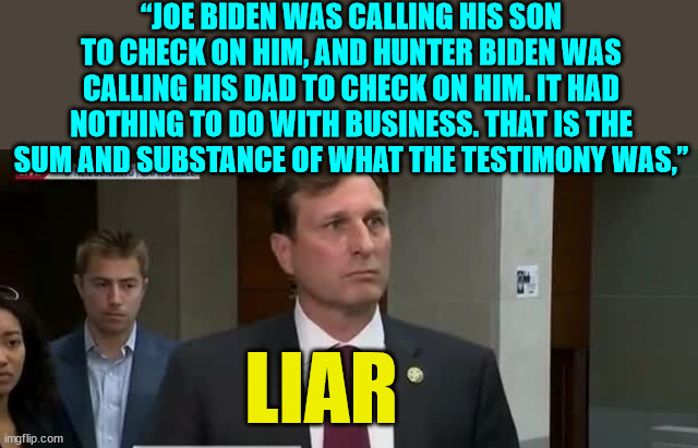 Liar | “JOE BIDEN WAS CALLING HIS SON TO CHECK ON HIM, AND HUNTER BIDEN WAS CALLING HIS DAD TO CHECK ON HIM. IT HAD NOTHING TO DO WITH BUSINESS. THAT IS THE SUM AND SUBSTANCE OF WHAT THE TESTIMONY WAS,”; LIAR | image tagged in democrat,liar | made w/ Imgflip meme maker