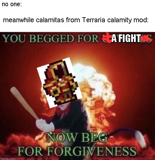 the true toture | no one:; meanwhile calamitas from Terraria calamity mod:; A FIGHT | image tagged in beg for forgiveness | made w/ Imgflip meme maker