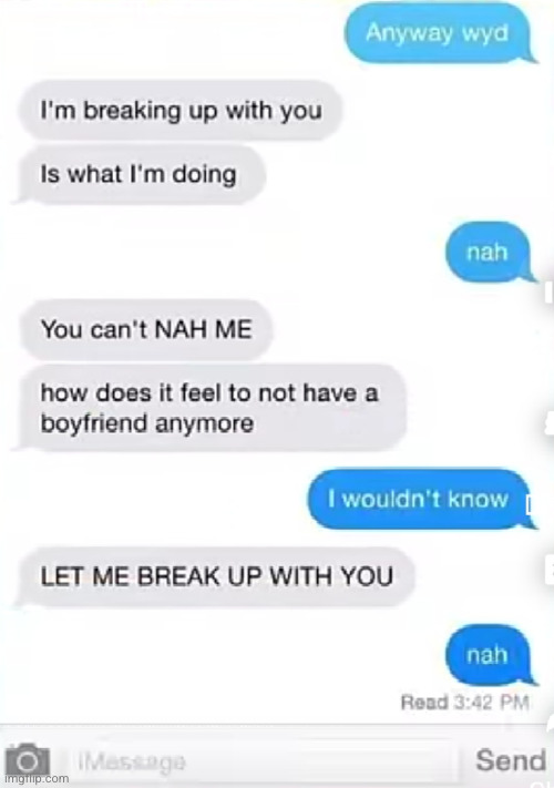 the legendary word ... "nah" | image tagged in nah,breakup,funny,funny texts,texts | made w/ Imgflip meme maker