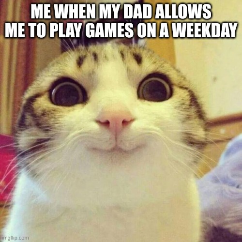 I wrote this meme right after it happend | ME WHEN MY DAD ALLOWS ME TO PLAY GAMES ON A WEEKDAY | image tagged in memes,smiling cat | made w/ Imgflip meme maker