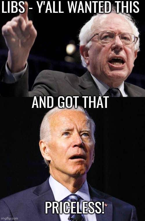 Priceless | LIBS - Y'ALL WANTED THIS; AND GOT THAT; PRICELESS! | image tagged in bernie sanders,joe biden | made w/ Imgflip meme maker