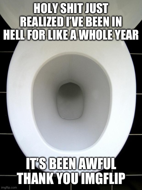 TOILET | HOLY SHIT JUST REALIZED I’VE BEEN IN HELL FOR LIKE A WHOLE YEAR; IT’S BEEN AWFUL THANK YOU IMGFLIP | image tagged in toilet | made w/ Imgflip meme maker