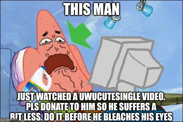 The most cringe thing ever. | THIS MAN; JUST WATCHED A UWUCUTESINGLE VIDEO. PLS DONATE TO HIM SO HE SUFFERS A BIT LESS. DO IT BEFORE HE BLEACHES HIS EYES | image tagged in patrick star cringing | made w/ Imgflip meme maker