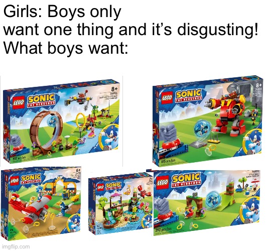 Go buy these now | Girls: Boys only want one thing and it’s disgusting!
What boys want: | image tagged in sonic the hedgehog,lego | made w/ Imgflip meme maker