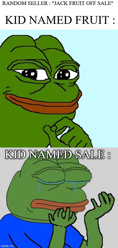 my meme are kinda trash,don't expect anything good from me | RANDOM SELLER : "JACK FRUIT OFF SALE"; KID NAMED FRUIT :; KID NAMED SALE : | image tagged in pepe,pepe cry | made w/ Imgflip meme maker