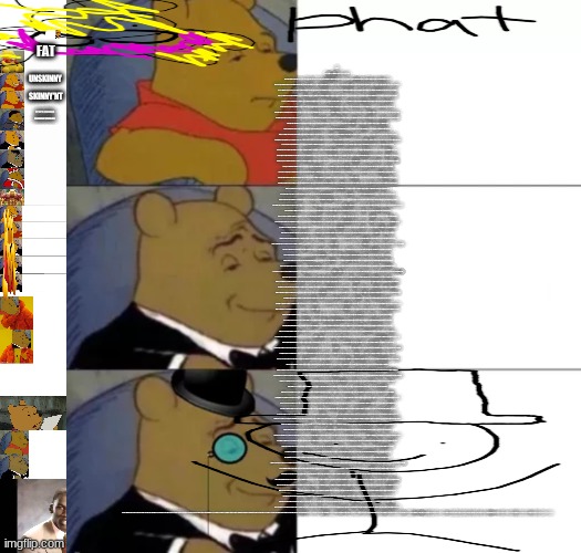The block of text is the defintion of fat | FAT UNSKINNY SKINNY'NT NOT UNTHICK, UNBROAD, UNABUNDANT, OR UNDENSE NOT HAVING RELATIVELY LITTLE EXTENT FROM ONE SURFACE OR SIDE TO THE OPPO | image tagged in 8-panel winnie the pooh meme,winnie the pooh v 20,tuxedo winnie the drake,winnie the pooh,memes,tuxedo winnie the pooh | made w/ Imgflip meme maker