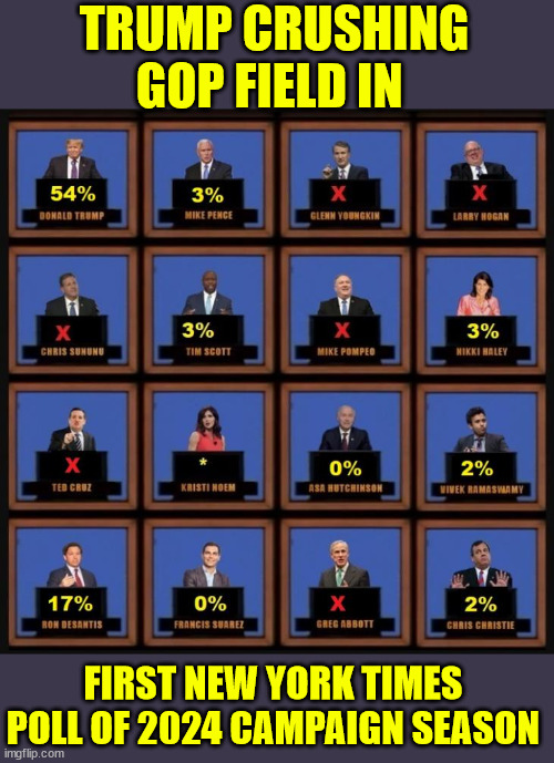 At this point already... it's all about who will be his VP | TRUMP CRUSHING GOP FIELD IN; FIRST NEW YORK TIMES POLL OF 2024 CAMPAIGN SEASON | image tagged in new york times,polls | made w/ Imgflip meme maker