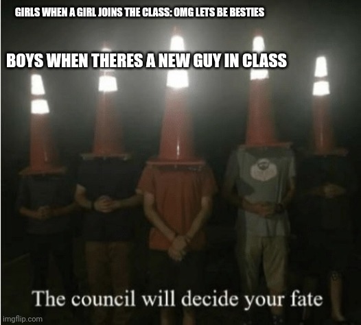 The council will decide your fate | GIRLS WHEN A GIRL JOINS THE CLASS: OMG LETS BE BESTIES; BOYS WHEN THERES A NEW GUY IN CLASS | image tagged in the council will decide your fate | made w/ Imgflip meme maker