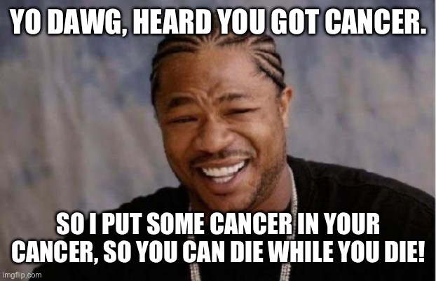 Yo Dawg Heard You | YO DAWG, HEARD YOU GOT CANCER. SO I PUT SOME CANCER IN YOUR CANCER, SO YOU CAN DIE WHILE YOU DIE! | image tagged in memes,yo dawg heard you | made w/ Imgflip meme maker