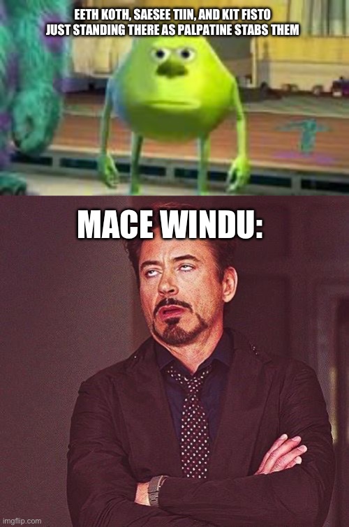EETH KOTH, SAESEE TIIN, AND KIT FISTO JUST STANDING THERE AS PALPATINE STABS THEM; MACE WINDU: | image tagged in mike w,robert downey jr annoyed | made w/ Imgflip meme maker