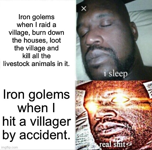 Sleeping Shaq | Iron golems when I raid a village, burn down the houses, loot the village and kill all the livestock animals in it. Iron golems when I hit a villager by accident. | image tagged in memes,sleeping shaq | made w/ Imgflip meme maker