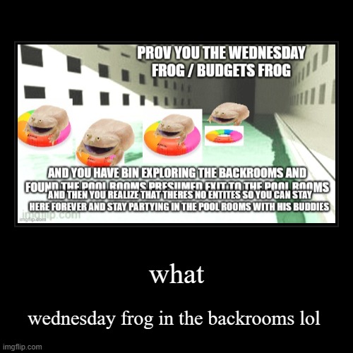what | wednesday frog in the backrooms lol | image tagged in funny,demotivationals,lol,imgflip,cool,emotional damage | made w/ Imgflip demotivational maker