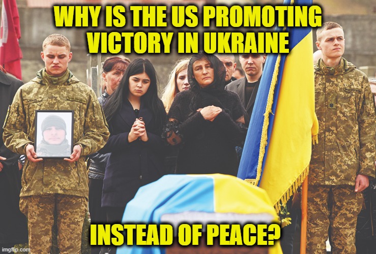 Are we the baddies? | WHY IS THE US PROMOTING
VICTORY IN UKRAINE; INSTEAD OF PEACE? | image tagged in ukraine | made w/ Imgflip meme maker