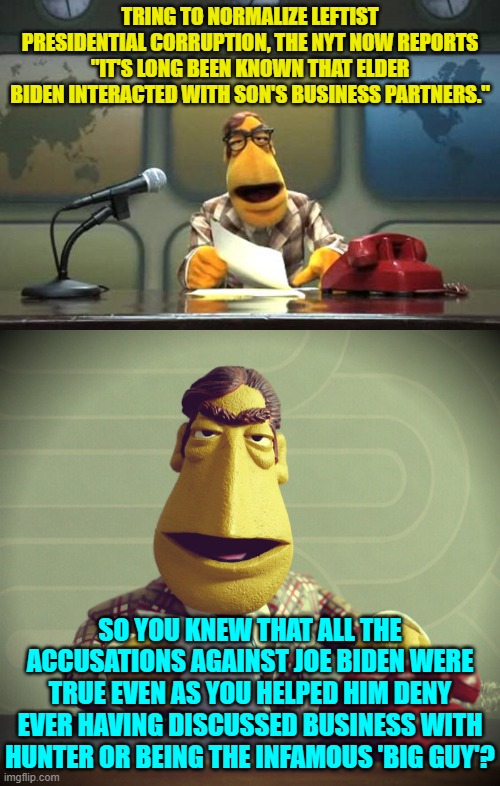 Psssst . . . Democrats.  How do you feel knowing that the NYT consider all of you to be idiots? | TRING TO NORMALIZE LEFTIST PRESIDENTIAL CORRUPTION, THE NYT NOW REPORTS "IT'S LONG BEEN KNOWN THAT ELDER BIDEN INTERACTED WITH SON'S BUSINESS PARTNERS."; SO YOU KNEW THAT ALL THE ACCUSATIONS AGAINST JOE BIDEN WERE TRUE EVEN AS YOU HELPED HIM DENY EVER HAVING DISCUSSED BUSINESS WITH HUNTER OR BEING THE INFAMOUS 'BIG GUY'? | image tagged in muppet news flash | made w/ Imgflip meme maker