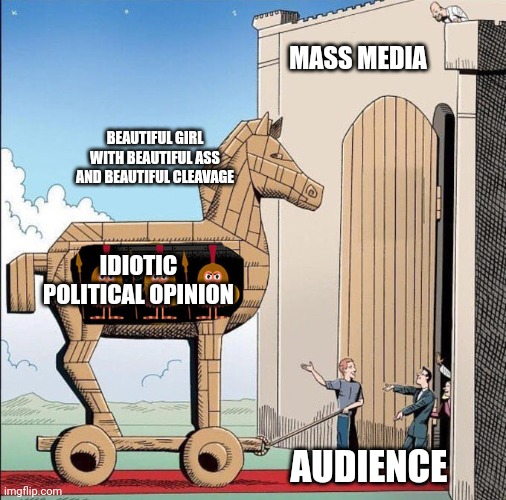 Trojan horse dummy | MASS MEDIA; BEAUTIFUL GIRL WITH BEAUTIFUL ASS AND BEAUTIFUL CLEAVAGE; IDIOTIC POLITICAL OPINION; AUDIENCE | image tagged in trojan horse | made w/ Imgflip meme maker